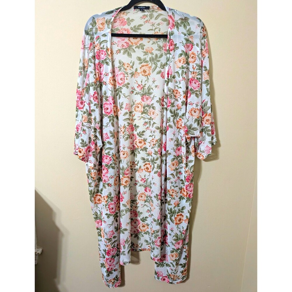 Pink Floral Kimono Cardigan Chiffon Duster Sheer Open Front Swim Coverup Sz 1X